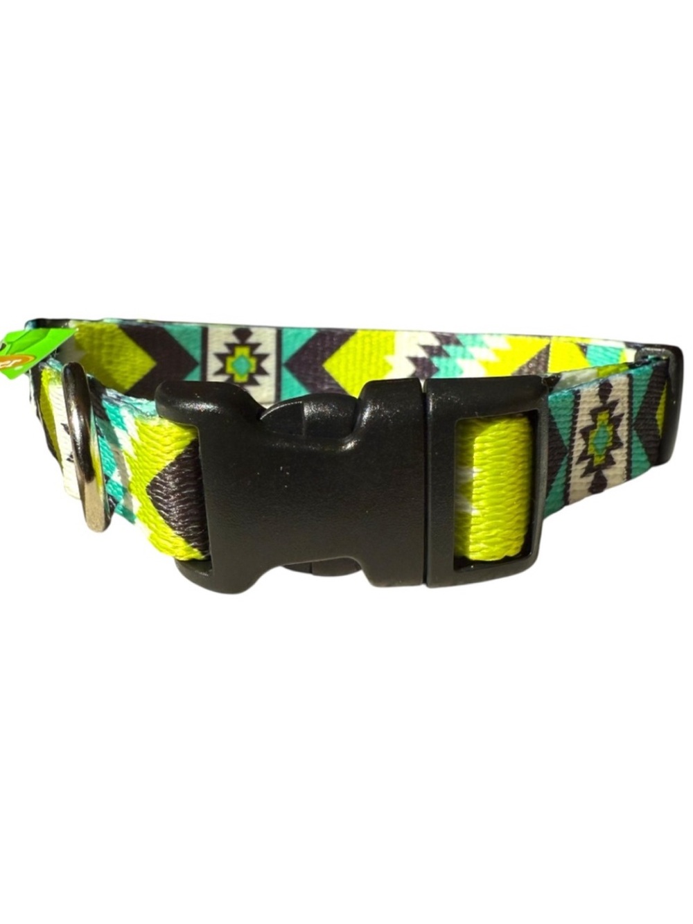 Southwestern Boho Teal/Lime Aztec Geometric Adjustable Dog Collar, Medium 18”